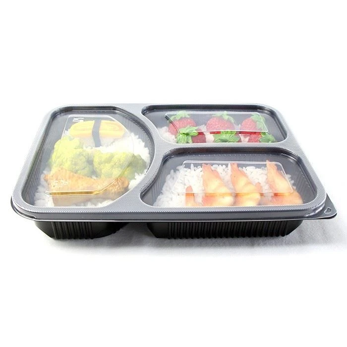 Kaxxa Bento disposable PP 3 Kontenituri tal-Ikel kompartimenti bl-għatu
